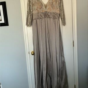 Jovani Long Sleeve Lace Gown in Silver